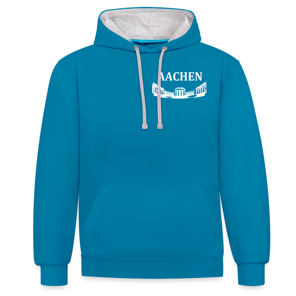 Aachen Elisenbrunnen 2, Kontrast-Hoodie - Pfauenblau/Grau meliert